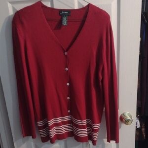 Lauren Ralph Lauren Red Cardigan with White Stripes